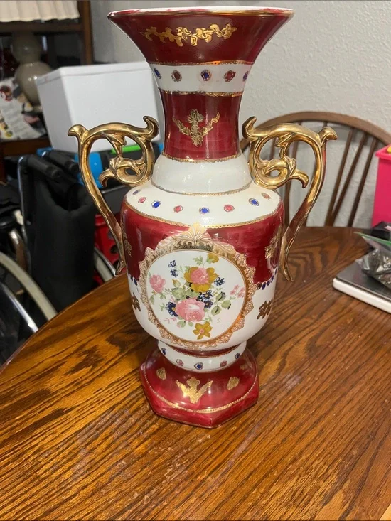 Vintage Red, White and Gold Floral Porcelain Vase with Ornate Handles