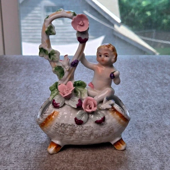 Vintage Porcelain Cherub Figurine Planter Vase Floral Applied Pink Roses Gold