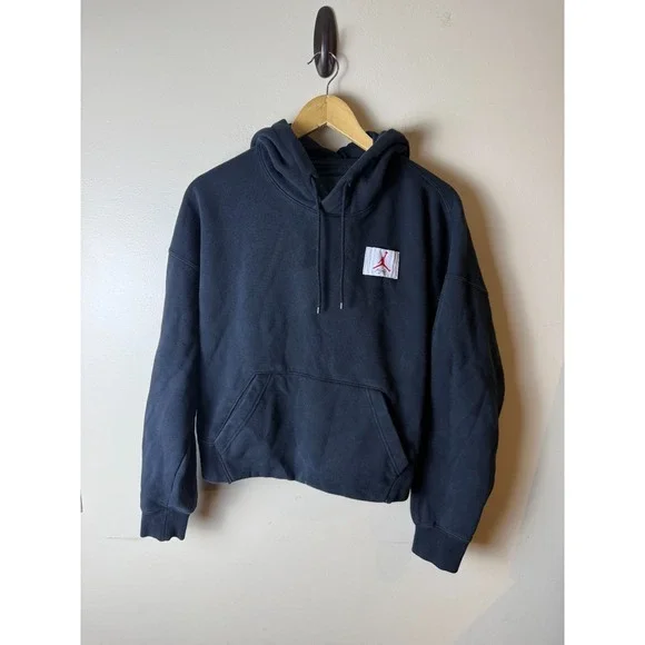 Jordan Cropped Hoodie Mens L Black Loose Fit Fleece Lined Stretch Drawstring