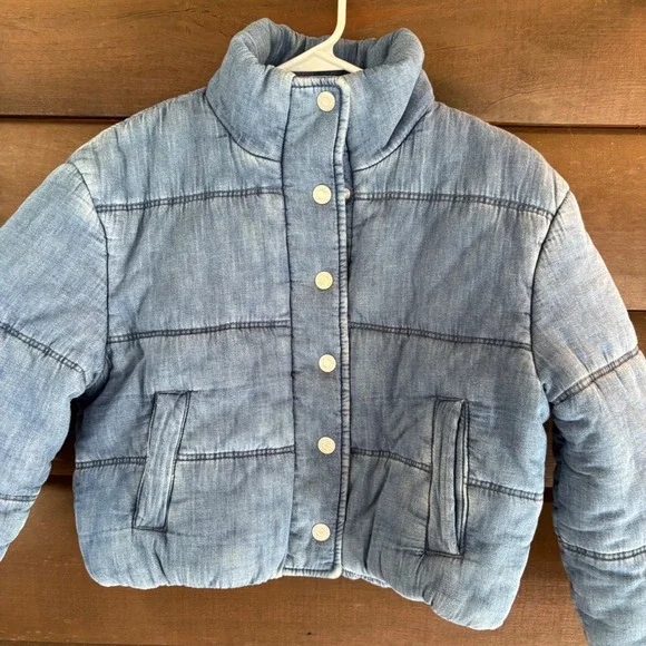 Gap Kids Blue Denim Puffer Jacket Fleece Lined Quilted Coat Size M 8 Light Wash