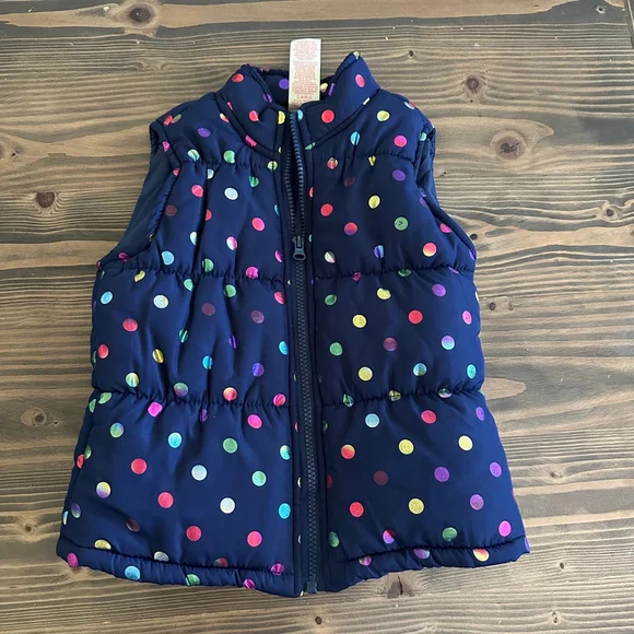 Girls Faded Glory Puffer Vest XS 4/5 Blue Multicolor Polka Dot Winter Layers