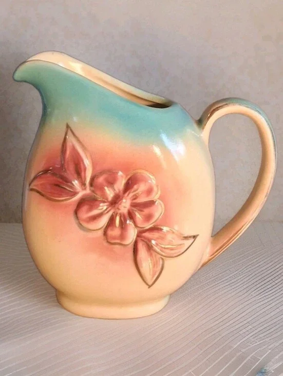 Shawnee Pottery Cream Pitcher 1940's USA #40 Blue With Pink Flowers Gold Trim