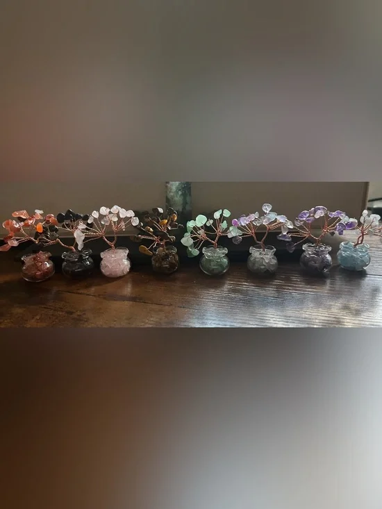 🌈 8pc Handmade Natural Gemstone Tree Miniature Glass Pot Collection