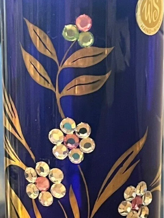 Vintage German Cobalt Blue Glass Bud Vase Gold Gilt Rhinestone Flower Bärenhöhle