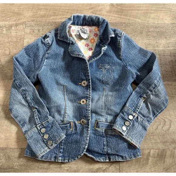 Vtg Girls Who's That Girl Denim Jacket Blazer Rhinestone Cat Kitten Kitty 5/6