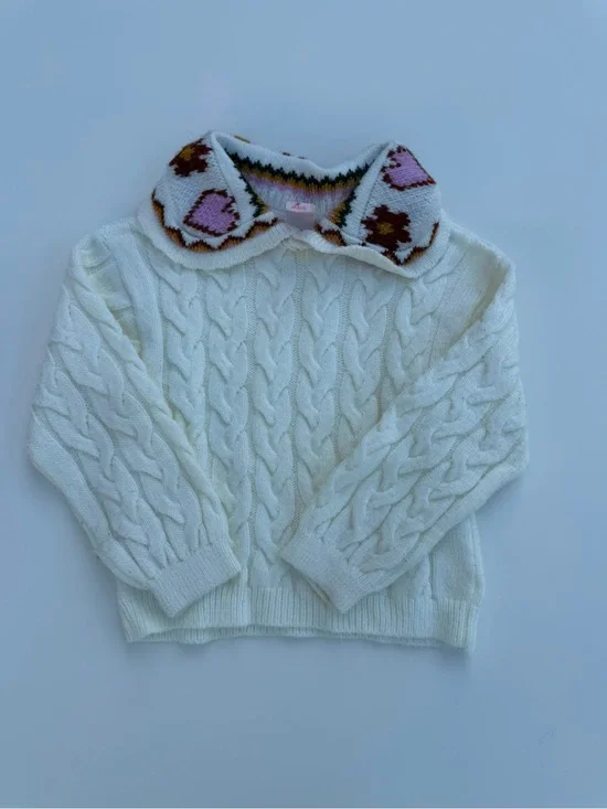 Cream Cable Knit Sweater with Decorative Collar