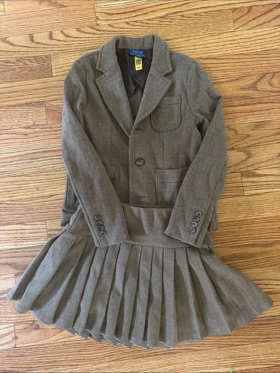 Polo by Ralph Lauren Girls Brown Tweed Blazer & Pleated Skirt