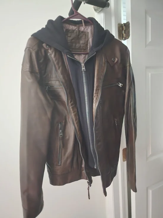 Calvin Klein Dark Brown Leather Bomber Jacket with Black Hoodie Liner.Never Worn