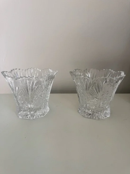 2 Vintage Studio Nova Crystal Mini Vase or Votive Candle Holders with Rose Motif