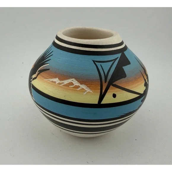 Southwestern Style Ceramic Pot‎ Hand Painted Desert Scene Bird Motif Signed