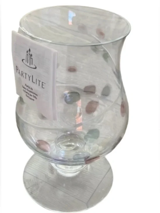 PartyLite Jardiniere footed vase/candle holder with a etched swirl & pastel dots