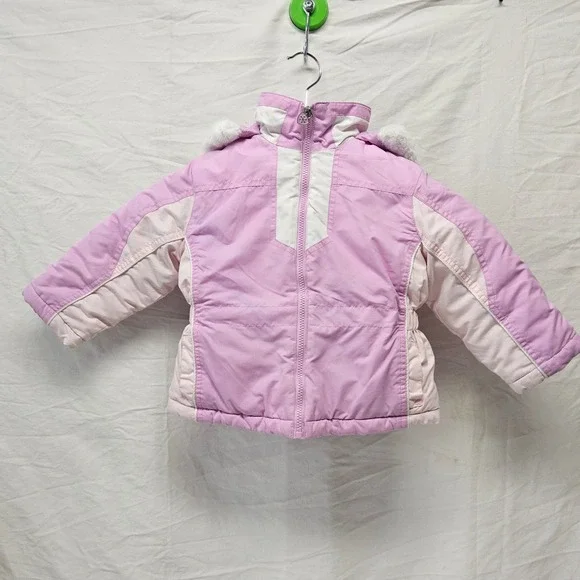 London Fog Puffer Jacket Kids 4T‎ Pink Colorblock Faux Fur Hood Full Zip Coat
