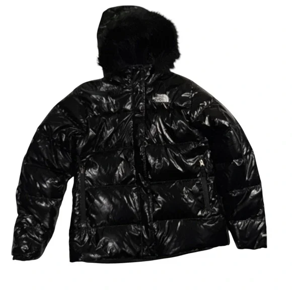 The North Face 600 Down Jacket Girls XXL 18/20 Shiny Black Fur Hood Puffer Youth