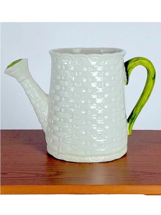 Vintage Basket Weave Ceramic Watering Can Planter Numbered Multi Use White Green