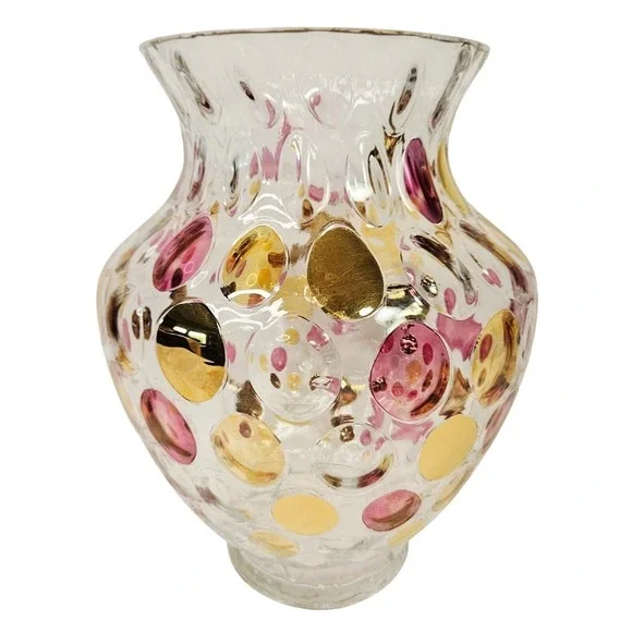 Unbranded‎ Home Clear Pink Gold Metallic Polka Dot Glass Thumbprint Vase Medium