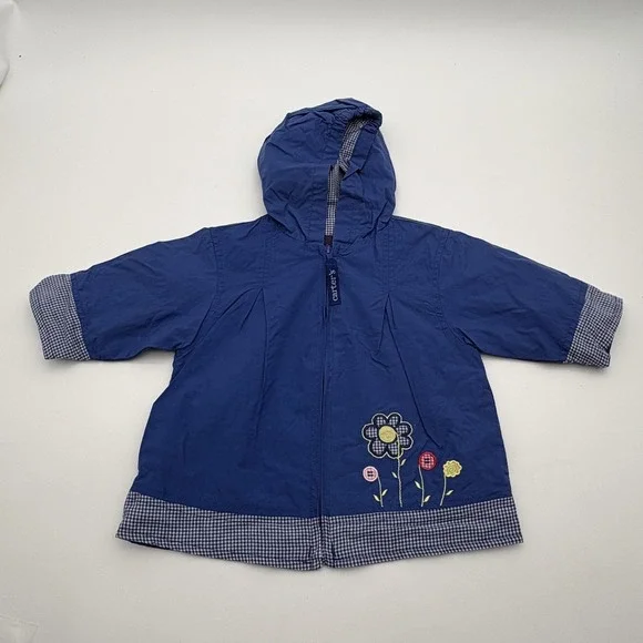 Carter's Jacket Girls 9-12 Months Blue‎ Hooded Floral Lined Rain Coat Spring