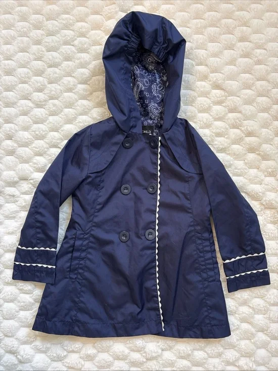 Rothschild Navy Blue Raincoat Jacket Double Breasted Button Scalloped Trim