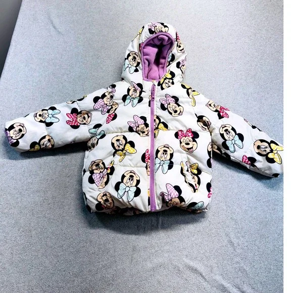 Disney Jumping Beans Puffer Jacket Kids 5T White Minnie Mouse Fleece Lined Coat
