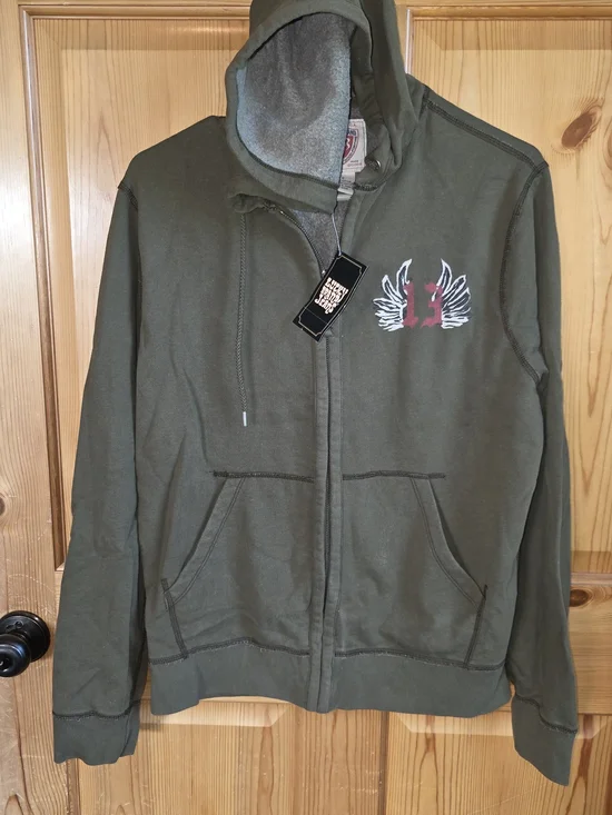 Lucky Brand Olive Green Zip Hooded Shirt Jacket with Red Wing Graphic 13