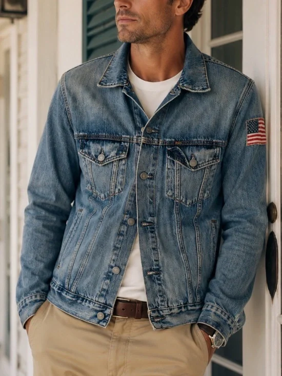 Polo Ralph Lauren Denim Jacket With American Flag Arm Patch Men’s L