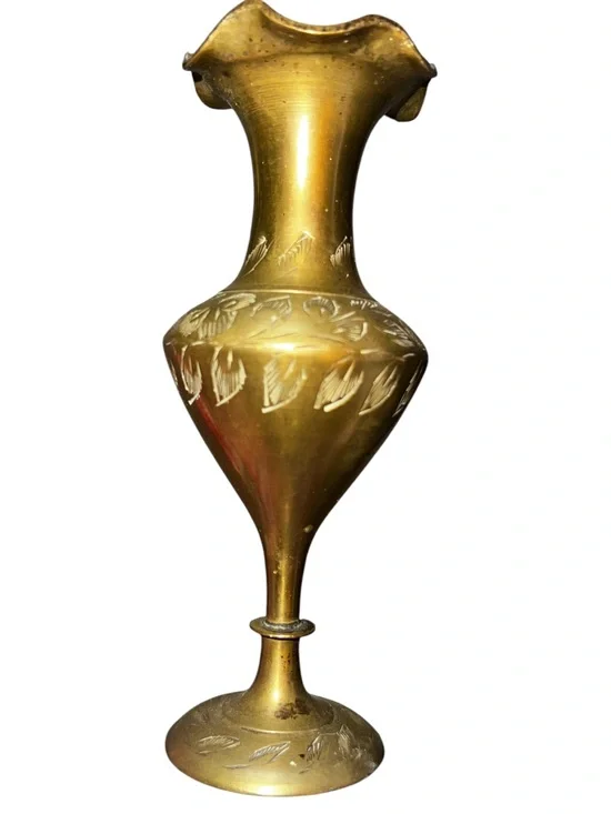Vintage Gold Decorative Etched Brass Vase Stamped 1860 India
