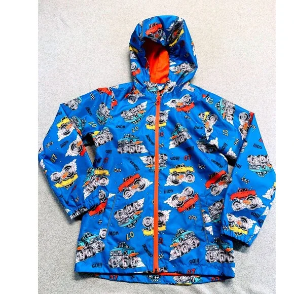 L&D Monster Truck Windbreaker Kids Medium 8-10 Blue Hooded Racing Jacket School