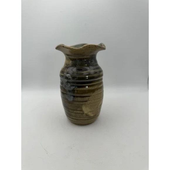 Vintage Buie Pottery Vase Brown Drip Glaze Wavy Rim Handcrafted Bud Vase