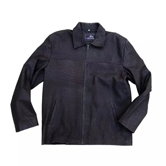 VENUS CUIR Leather Textured Jacket Men's 2XL Brown Full Zip Coat Pockets​​​​