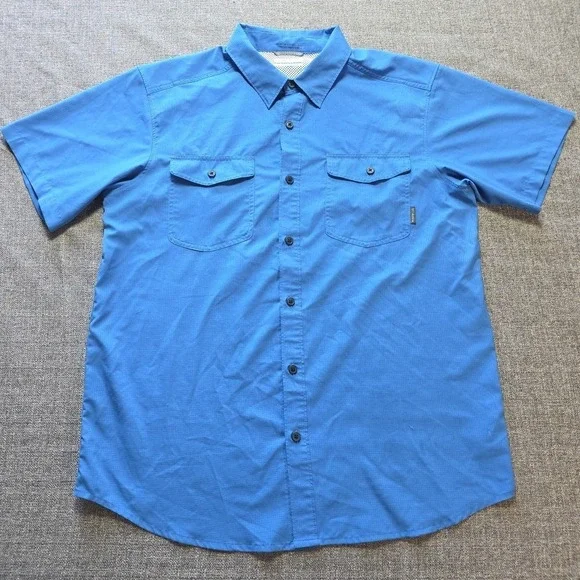 Columbia Omni Wick Men's Fishing Shirt Large Blue Short Sleeve Vented Pockets