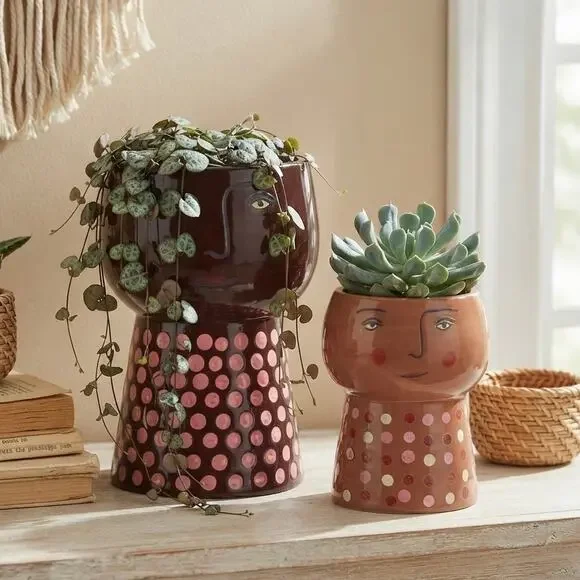 Set of 2 Opalhouse Stoneware Face Planters – Boho Polka Dot Head Vases