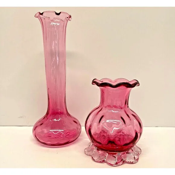 Vintage Cranberry Art Glass Vase Pair – Ruffled Rim Bud Vases, Hand Blown Pink