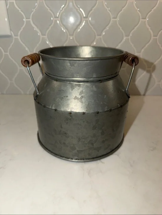 Galvanized Metal Milk Can with Wooden Handles - Silver Vase Bucket