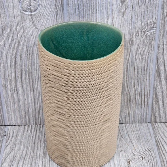 Crate & Barrel Portugal Textured Tan Ceramic Vase Teal Crackle Glaze Interior 7