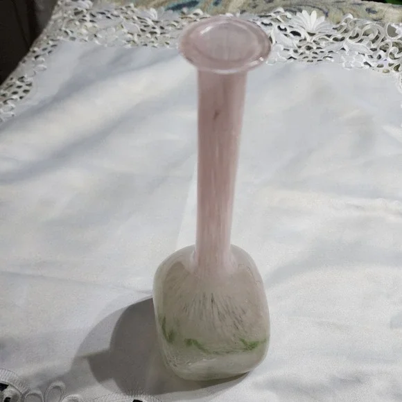 Vintage Hand Blown Art Glass Bud Vase Pink Green White Swirl Murano Style 12.5