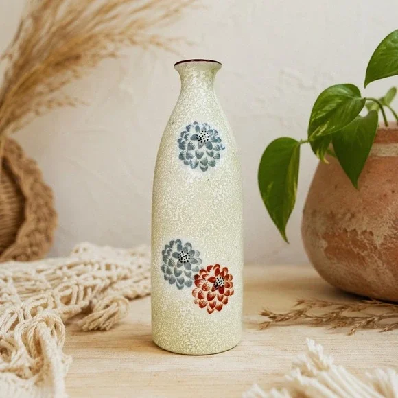 Vintage Japanese Bud Vase Cream Speckled Floral Ceramic‎ Vase 7 Inch