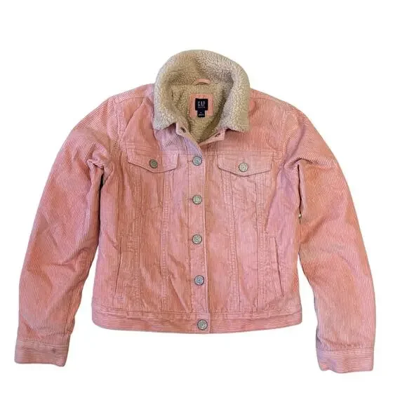 GAP Jacket Girls XL Pink Corduroy Sherpa Fleece Lined Trucker Button Front Kids