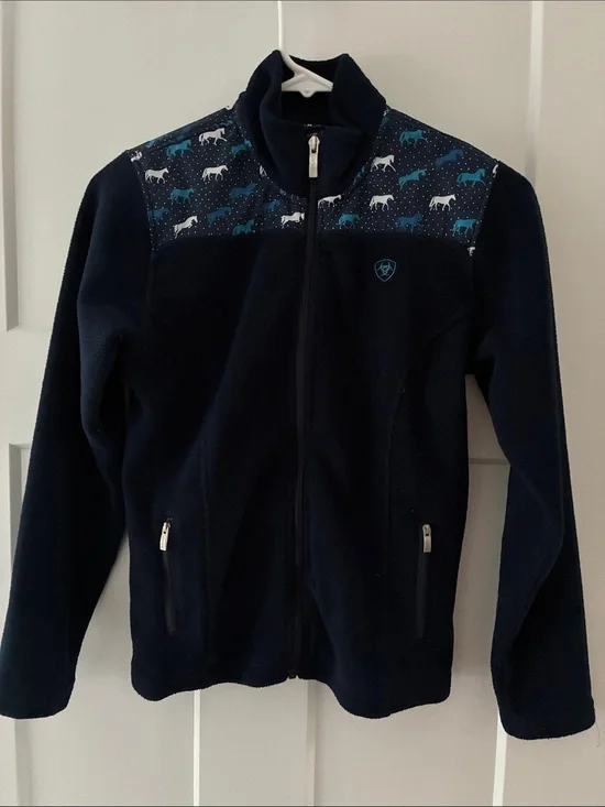 Ariat Kids Navy Blue Full-Zip Fleece Jacket with Horse Print Yoke