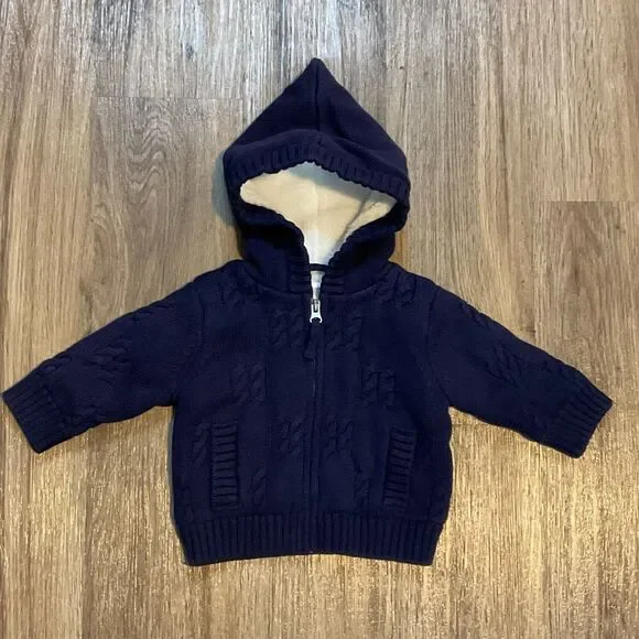 Hanna‎ Andersson Sherpa Lined Sweater Jacket Coat Hooded Blue Size 3-6 months