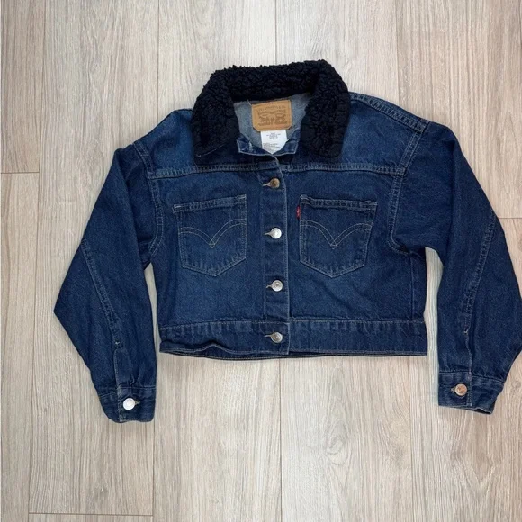 Levi's Kids Dark Blue Denim Trucker Jacket W/ Faux Sherpa Collar 10-12yrs Size M