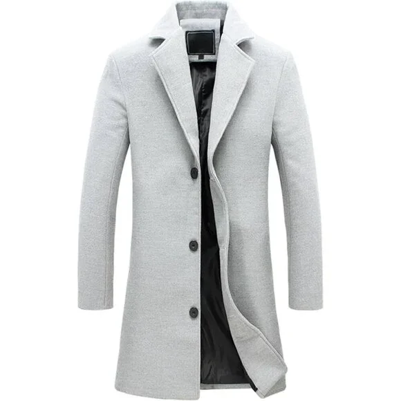 Men's Light Gray Wool Blend Pea Coat Notched Collar Single Breasted Overcoat