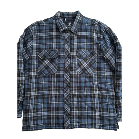 BC Clothing Mens M Blue Plaid Flannel Shirt Jacket Quilted Lined Cotton Shacket