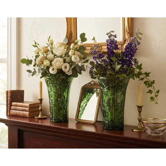 Vintage Emerald Green Pressed Glass Starburst Scalloped Vases Pair 8 Inch