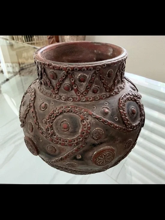 Vintage Handmade Pewter Vase Greece Repoussé Geometric Mid-Century 5.25