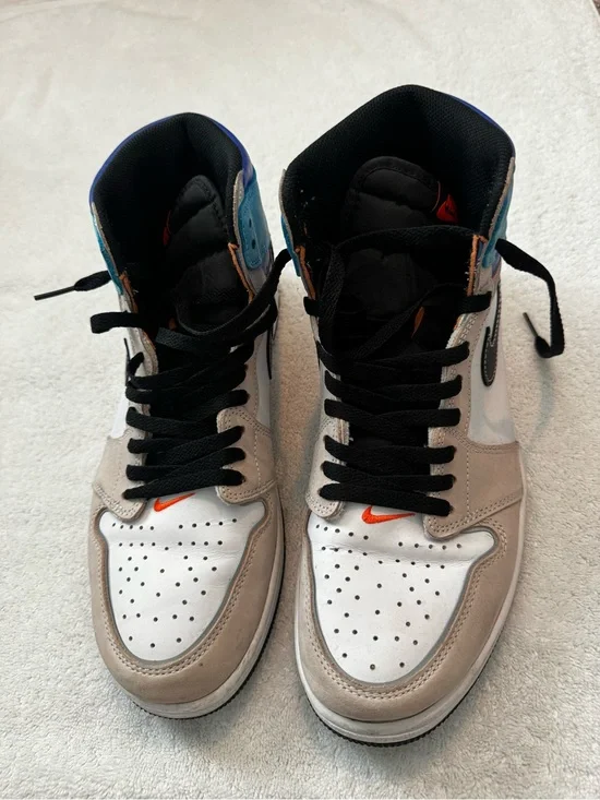 Jordan High-Top Sneakers in White, Gray, Black with Orange Accent
