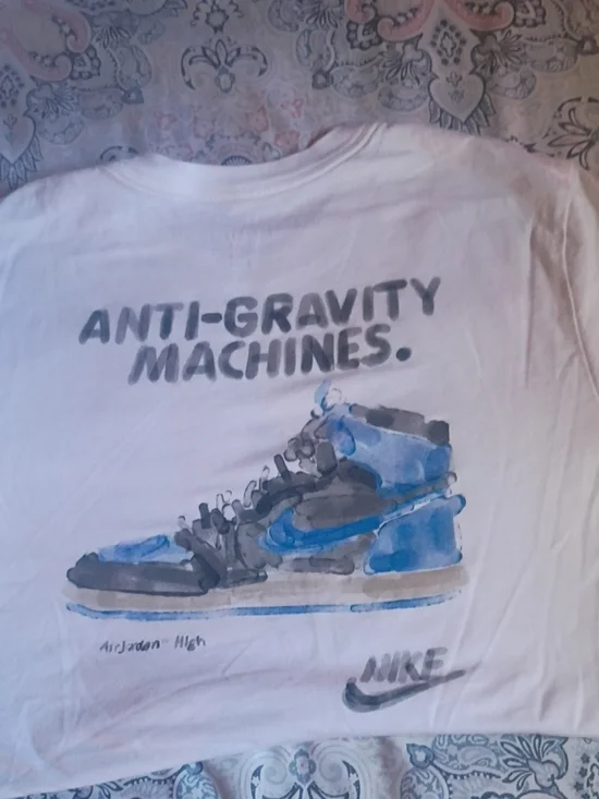 Nike Air Jordan White Tee with Blue and Gray Sneaker Graphic