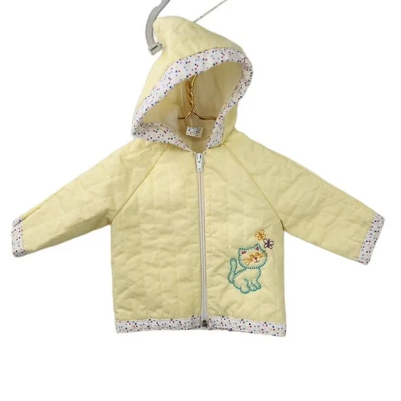 Vintage 70's Baby Girl Yellow Full Zip Cat Embroidered Sweater‎ Jacket 12 Months