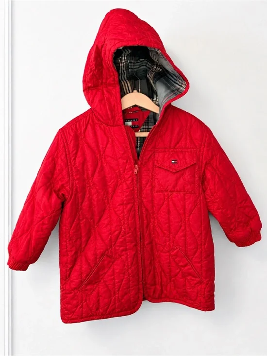 Tommy Hilfiger Coat 18-24 Months Red and Gray Plaid Lined Jacket Hood EUC
