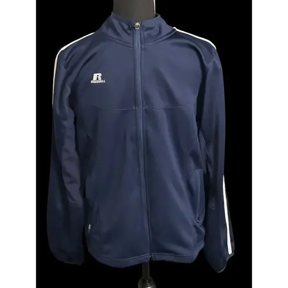 Russell Athletic Youth Sz XL Zip Up Jacket Navy Blue‎ w/ White Stripes On Arm