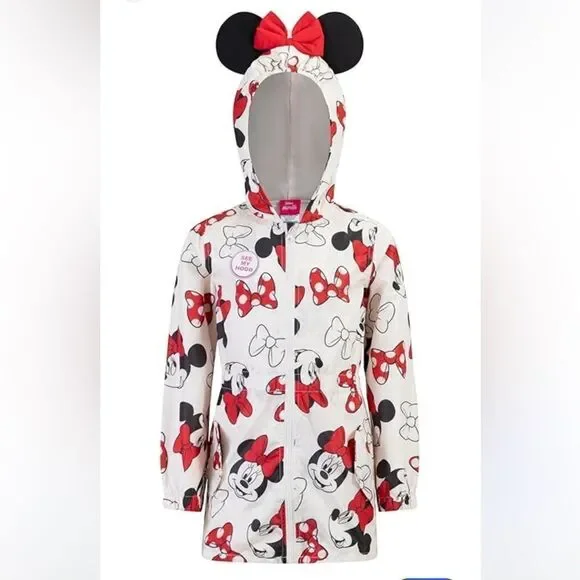 Disney Minnie Mouse Red and White Jacket Windbreaker White Red Black Hood Bow