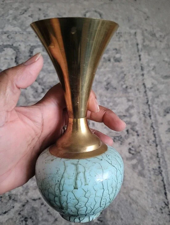 MCM Delftware Brass & Teal Crackle Ceramic Vase Handpainted Holland